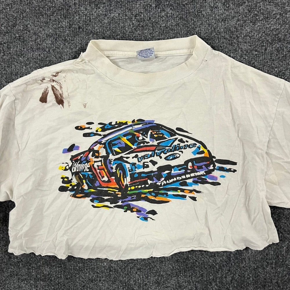 Valvoline T-Shirt Mens XL White Cropped Vintage Racing Graphic USA Made Stained